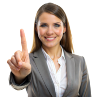 Smiling businesswoman in a gray suit gestures number one while standing against a transparent background png