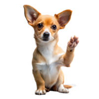 Adorable Chihuahua puppy sitting and raising its paw while looking forward, isolated on a transparent background png