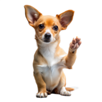 adorable chihuahua perrito sentado y levantamiento sus pata mientras mirando adelante, aislado en un transparente antecedentes png