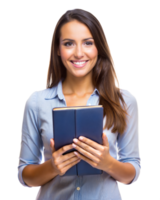 A woman with long hair smiles while holding a closed book, standing against a plain transparent background png