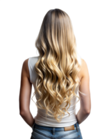 A woman with long, wavy blonde hair is standing, her back to the camera, wearing a white top and blue jeans png