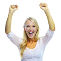 A joyful blonde woman in a white top raises her arms in celebration, expressing triumph and happiness png