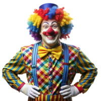 ein heiter Clown tragen ein bunt Outfit und Perücke lächelt weit mit Hände auf Hüften png