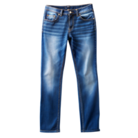 Pair of blue jeans with a stylish faded design, displayed against a transparent background, showcasing their fit and texture png