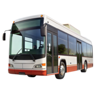 A sleek city bus with large windows and a white and red exterior is parked with trees in the background png