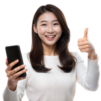 Smiling woman holding smartphone and giving thumbs up, expressing positivity and approval png