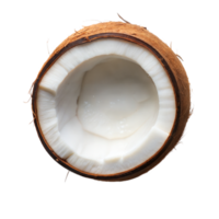 A halved coconut is displayed against a transparent background, showcasing its interior and white flesh png