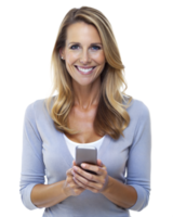 Woman in a grey sweater smiling and holding a smartphone while looking directly forward in a studio setting png