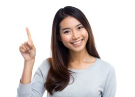 A cheerful woman in a light grey shirt points upwards with a smile on her face against a transparent background png