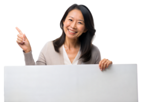 Woman smiles and points to a blank signboard, suggesting an idea indoors against a transparent background png