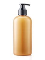 A golden plastic soap dispenser with a black pump sitting against a transparent background png