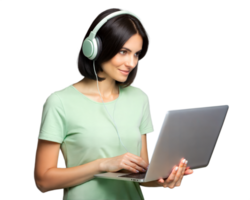 sonriente mujer en verde camisa trabajando en ordenador portátil con auriculares en, aislado en un transparente fondo png