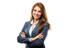 un sonriente mujer de negocios con largo pelo y un gris traje soportes con confianza con brazos cruzado en contra un transparente antecedentes png