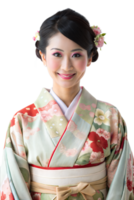 Young woman in a colorful kimono, smiling, with floral accents in her hair, standing against a transparent background png