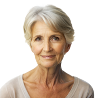 An elderly woman with short gray hair smiles warmly against a transparent background png