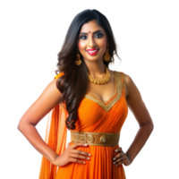 Woman in bright orange Indian dress with gold jewelry smiles confidently, hands on hips, transparent backdrop png