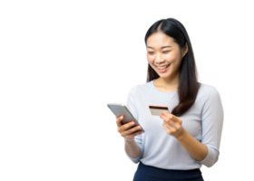 A smiling woman uses a smartphone while holding a credit card, making an online purchase png