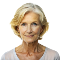 un personnes âgées femme avec blond cheveux et bleu yeux sourit chaleureusement png