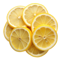 plusieurs Frais citron tranches soigneusement arrangé dans une circulaire forme, montrant vibrant Jaune peler et juteux intérieurs png