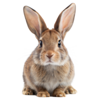 A cute brown rabbit with large ears and a fluffy coat sits on a transparent background png