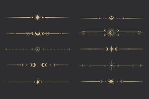 Golden divider celestial border with stars moon and sun thin line elegant simple decoration, mystic tarot separator, minimalist magic gold design element on dark background vector