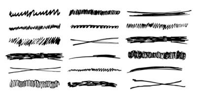 strikethrough underlines, set brush stroke, marker lines grunge curve, wvy free hand marks textured simple borders isolated on white background. Creative collection scribble brush or crayon checks. vector