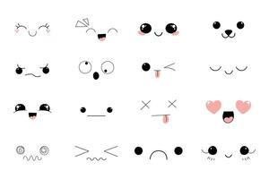 Kawaii Style Faces manga anime emotions, comic expressions, cute eyes collection isolated on white background. Doodle smiley mood design elements vector