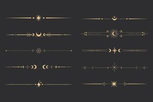 Golden divider celestial border with stars moon and sun thin line elegant simple decoration, mystic tarot separator, minimalist magic gold design element on dark background vector