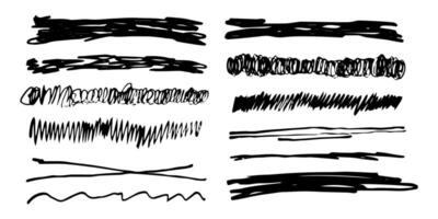 strikethrough underlines, set brush stroke, marker lines grunge curve, wvy free hand marks textured simple borders isolated on white background. Creative collection scribble brush or crayon checks. vector