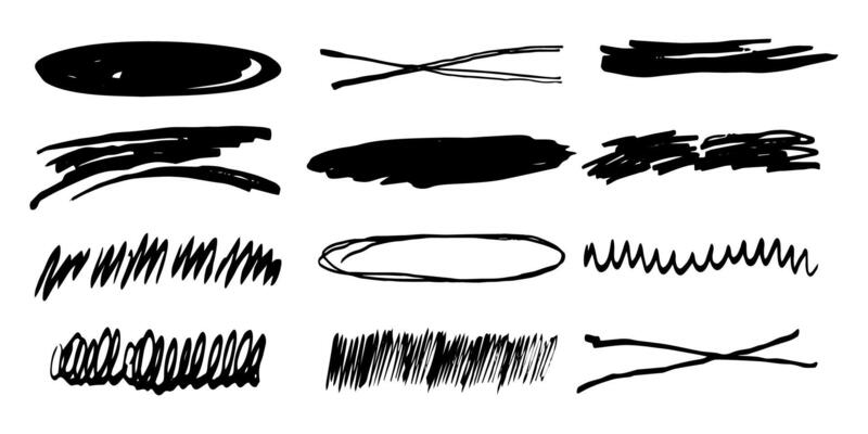 strikethrough underlines, set brush stroke, marker lines grunge curve, wvy free hand marks textured simple borders isolated on white background. Creative collection scribble brush or crayon checks.