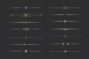 Golden divider celestial border with stars moon and sun thin line elegant simple decoration, mystic tarot separator, minimalist magic gold design element on dark background vector