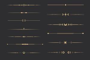 Golden divider celestial border with stars moon and sun thin line elegant simple decoration, mystic tarot separator, minimalist magic gold design element on dark background vector