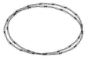 Barbed wire twisted ring y2k, round border tattoo, gothic textured steel frame, spiky oval barrier, silhouette isolated on white background. vector