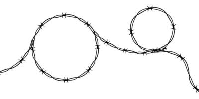 Barbed wire twisted ring y2k, round border tattoo, gothic textured steel frame, spiky oval barrier, silhouette isolated on white background. vector