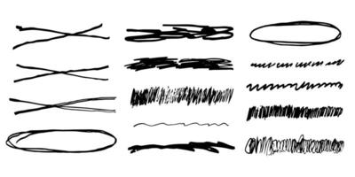 strikethrough underlines, set brush stroke, marker lines grunge curve, wvy free hand marks textured simple borders isolated on white background. Creative collection scribble brush or crayon checks. vector