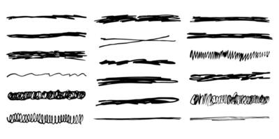 strikethrough underlines, set brush stroke, marker lines grunge curve, wvy free hand marks textured simple borders isolated on white background. Creative collection scribble brush or crayon checks. vector