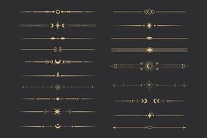 Golden divider celestial border with stars moon and sun thin line elegant simple decoration, mystic tarot separator, minimalist magic gold design element on dark background vector
