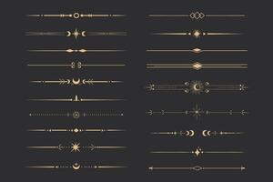 Golden divider celestial border with stars moon and sun thin line elegant simple decoration, mystic tarot separator, minimalist magic gold design element on dark background vector