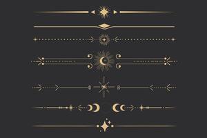 Golden divider celestial border with stars moon and sun thin line elegant simple decoration, mystic tarot separator, minimalist magic gold design element on dark background vector