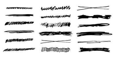 strikethrough underlines, set brush stroke, marker lines grunge curve, wvy free hand marks textured simple borders isolated on white background. Creative collection scribble brush or crayon checks. vector