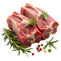 A close up of meat with rosemary and pepper on top png