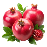 Three red pomegranates with green leaves on top png