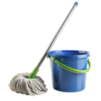 A blue bucket with a green handle sits next to a mop png