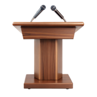 A wooden podium equipped with two microphones against an isolated backdrop png