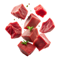 A close up of meat with a few pieces of green herbs on top png