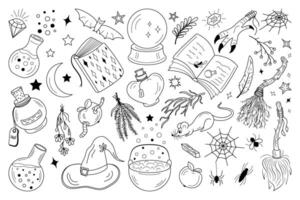 Set magic items doodle. Objects theme witches Halloween esoteric. illustration black on white vector