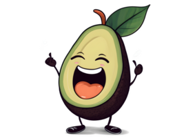 Funny live avocado with eyes smiling, healthy food, funny fruit, isolated on transparent background png