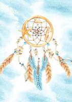 Dream Catcher Card or Poster Template with with sea Shells and stones, beads and blue and beige Feathers, blue Watercolor splashes. Watercolor hand drawn illustration. Bohemian decoration vector