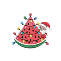 ein Santa claus spähen von hinter ein Wassermelone Scheibe geschmückt mit Weihnachten Beleuchtung und ein Stern. Weihnachten im Juli png