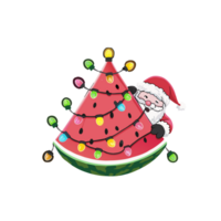 ein Santa claus spähen von hinter ein Wassermelone Scheibe geschmückt mit Weihnachten Beleuchtung und ein Stern. Weihnachten im Juli png